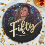 Fifty 50th Birthday custom photo script gold colou Paper Plate<br><div class="desc">Fifty gold colour affect script text photo party plates. Personalise this 50th birthday party script photo birthday plate with your own birthday girls name and a photo of your birthday girl. Other years and matching items are available. © Original design by Sarah Trett for www.mylittleeden.com on Zazzle.</div>