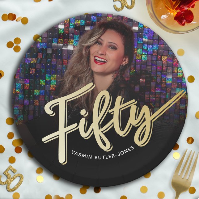 Fifty 50th Birthday custom photo script gold colou Paper Plate (Creator Uploaded)