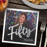 Fifty 50th Birthday custom photo script silver Napkin<br><div class="desc">Fifty black and shiny silver metallic affect script text photo napkins. Personalise this 50th birthday party script photo birthday napkin with your own birthday girls name and party date, and a photo of your birthday girl. Other years and matching items are available. © Original design by Sarah Trett for www.mylittleeden.com...</div>