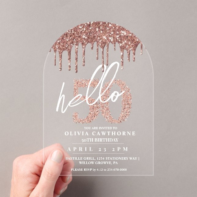 Fifty 50th Birthday Lux Rose Pink Acrylic  Invitations (Insitu (Handheld))