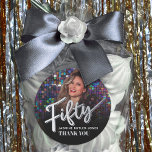 Fifty 50th birthday party photo silver favour classic round sticker<br><div class="desc">Fifty script text in silver effect colour and one large photo 50th birthday favour thank you stickers. Use for a fun addition to your birthday party favours to thank your guests for coming! Personalise this 50th birthday design with your own photo, name, thanks or other wording. Other years and matching...</div>