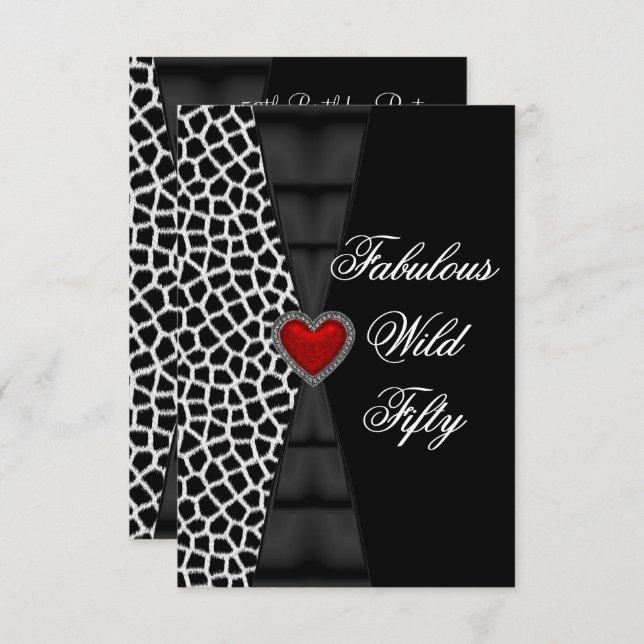 Fifty 50th Birthday Party Red Zebra Wild Black 4a Invitation (Front/Back)