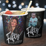 Fifty 50th Birthday photo script black silver Paper Cups<br><div class="desc">Fifty silver coloured style effect script text on black paper cups. Personalise these cups with two photos of your birthday girl turning 50, one on each side (for past and present plus add your own name or message. Ideal for a 50th birthday party or surprise half century event. Other years...</div>