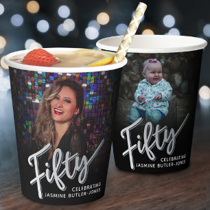 Fifty 50th Birthday photo script black silver Paper Cups