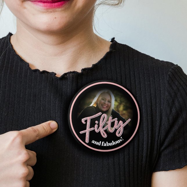 Fifty 50th Birthday photo script rose pink custom  3 Cm Round Badge (Creator Uploaded)