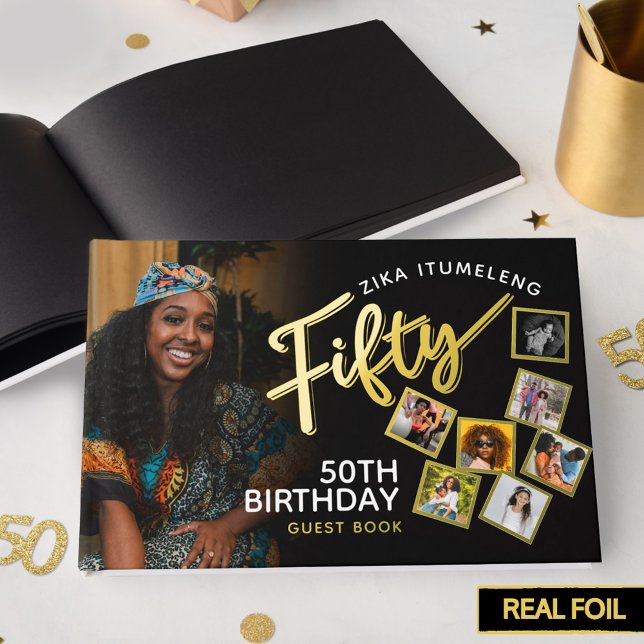Fifty 50th birthday photos black gold guest book (Creator Uploaded)