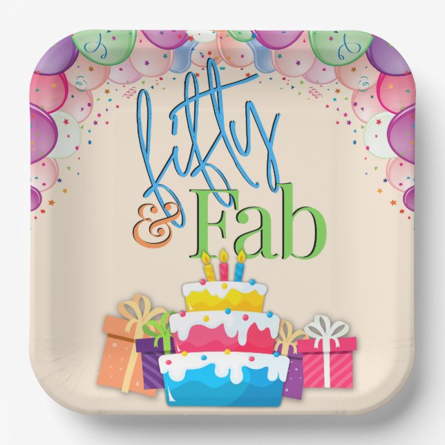 Fifty and Fab Colourful Birthday Party Paper Plate (Front)