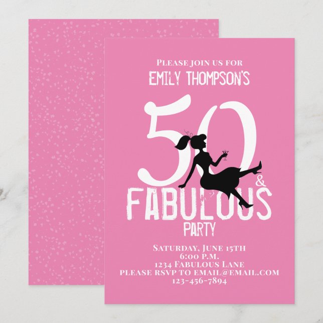 Fifty and Fabulous Birthday Modern Pink Cocktails  Invitation (Front/Back)