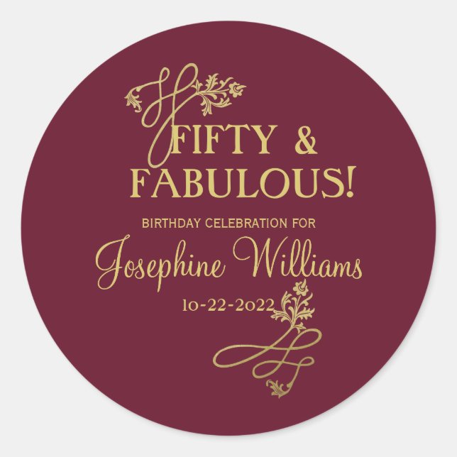 Fifty and Fabulous Birthday Party   Classic Round Sticker (Front)