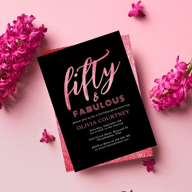 Fifty and Fabulous Black and Pink Glitter Birthday Invitation (Creator Uploaded)