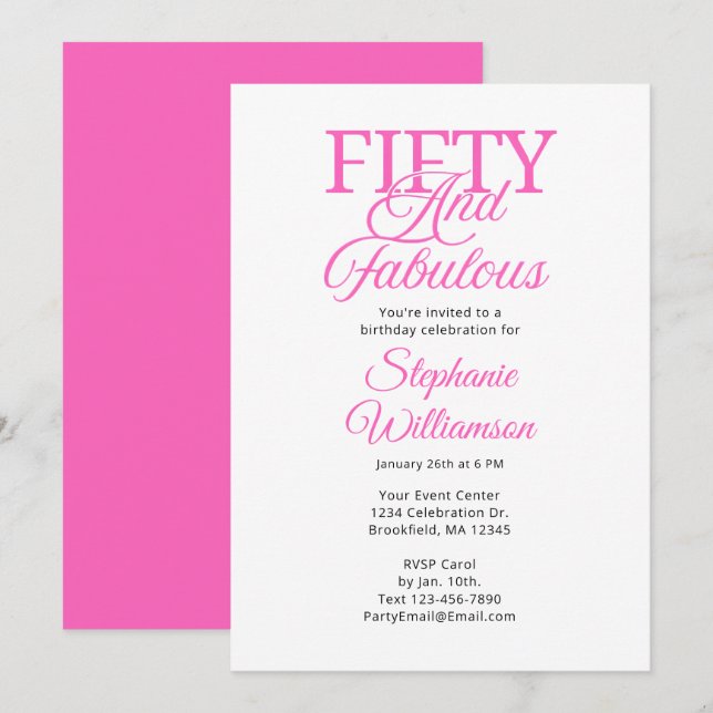 Fifty and Fabulous Black and Pink Script Invitation (Front/Back)