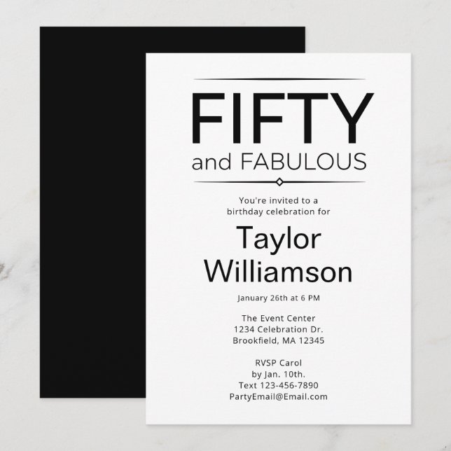 Fifty and Fabulous Black and White  Invitation (Front/Back)