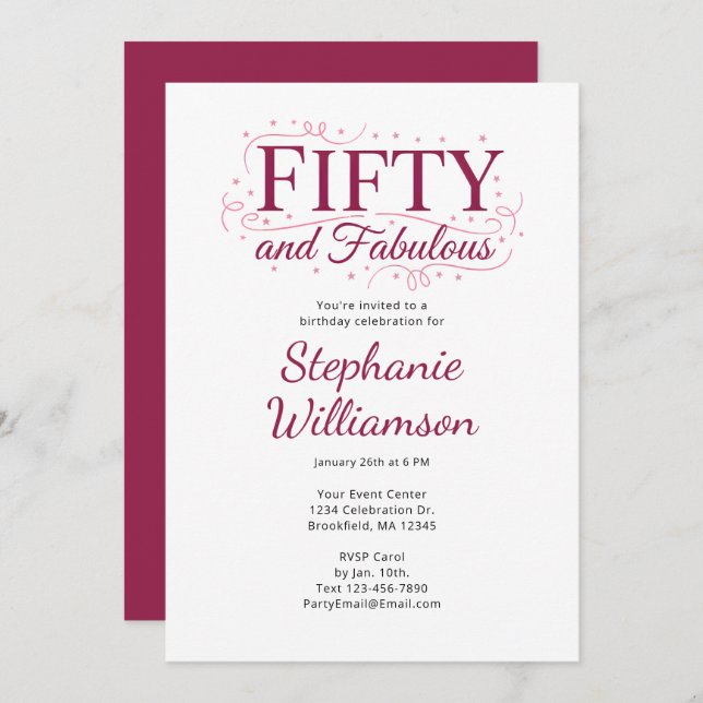 Fifty and Fabulous Black Berry Pink Script Invitation (Front/Back)