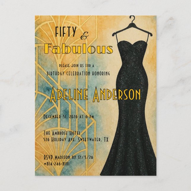 Fifty and Fabulous Black Gold Art Deco 50th  Postcard (Front)