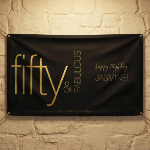 Fifty and Fabulous Black Gold Glam Happy Birthday Banner