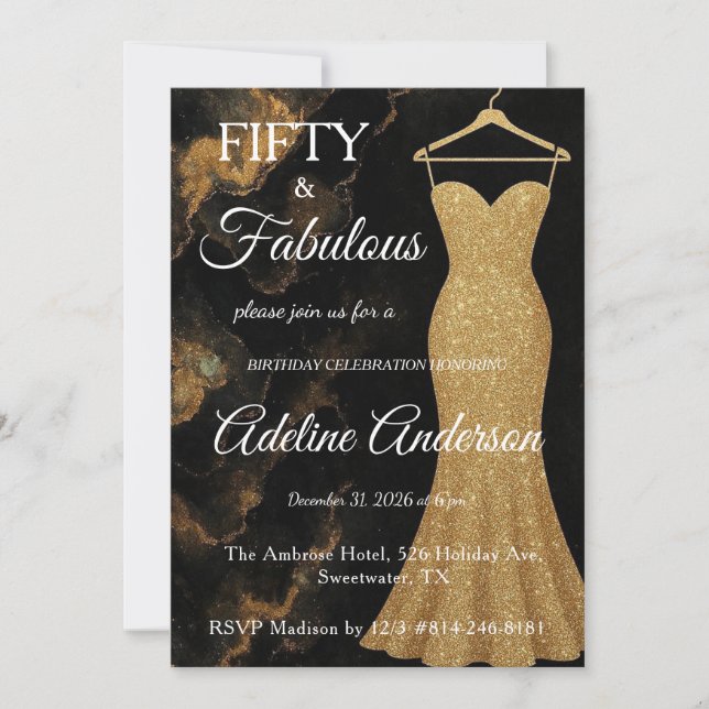 Fifty and Fabulous Black Gold Marble 50th Invitation (Front)