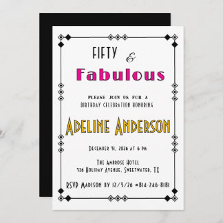 Fifty and Fabulous Black Gold Pink Art Deco Invitation