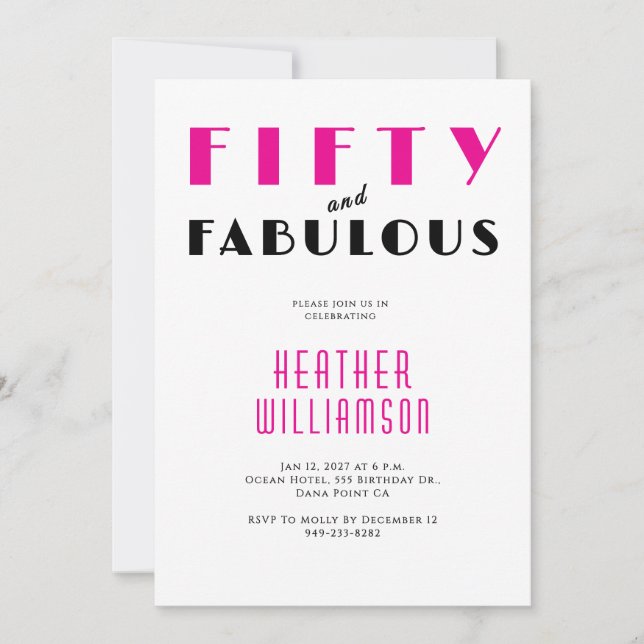 Fifty and Fabulous Black Pink 50th Birthday  Invitation (Front)