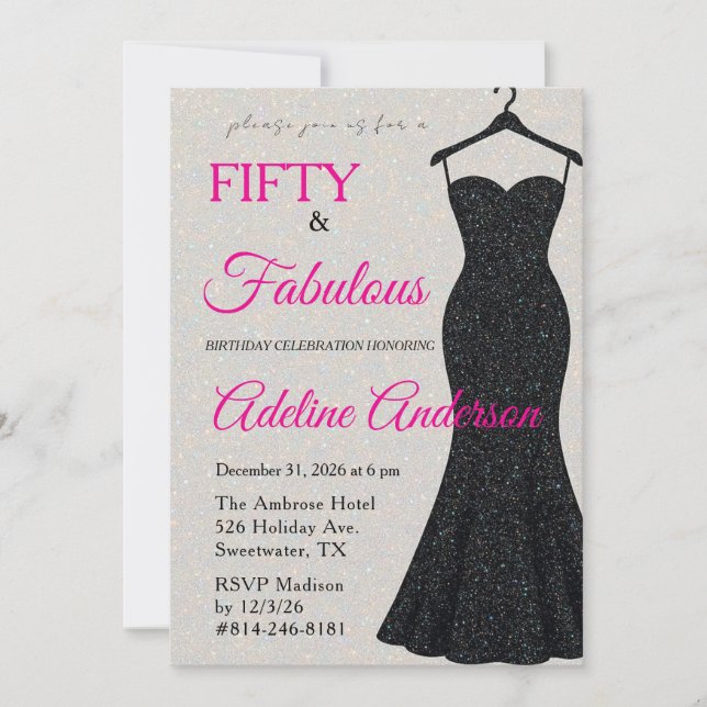 Fifty and Fabulous Black Pink Silver Glitter 50th Invitation (Front)