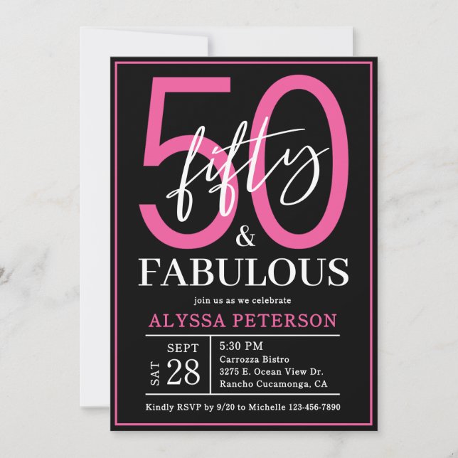 Fifty and Fabulous Black Script 50th Birthday Invitation (Front)
