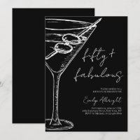 Fifty and Fabulous Black Script Line Art Martini
