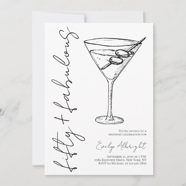 Fifty and Fabulous Black Script Line Art Martini Invitation (Front)