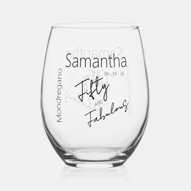 Fifty and Fabulous Black White 50th Birthday Stemless Wine Glass (Back)