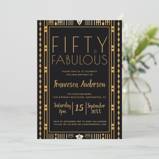 Fifty and Fabulous Chic Black Gold Art Deco 50th  Invitation (Standing Front)