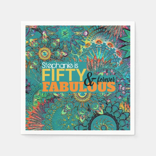 Fifty and Fabulous Colourful Blue Bohemian Napkin (Front)