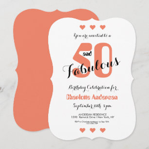Fifty and Fabulous Coral Hearts Birthday Invitation