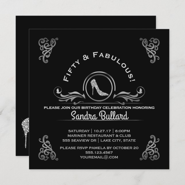 Fifty and Fabulous Diamond High Heels Birthday Invitation (Front/Back)