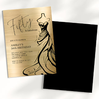 Fifty and Fabulous Dress Gold 50th Birthday Invitation