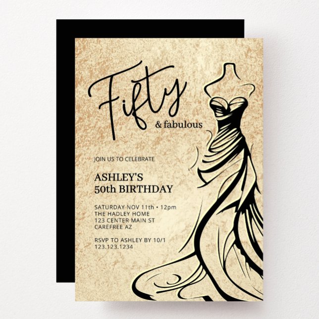 Fifty and Fabulous Dress Gold 50th Birthday Invitation (Creator Uploaded)