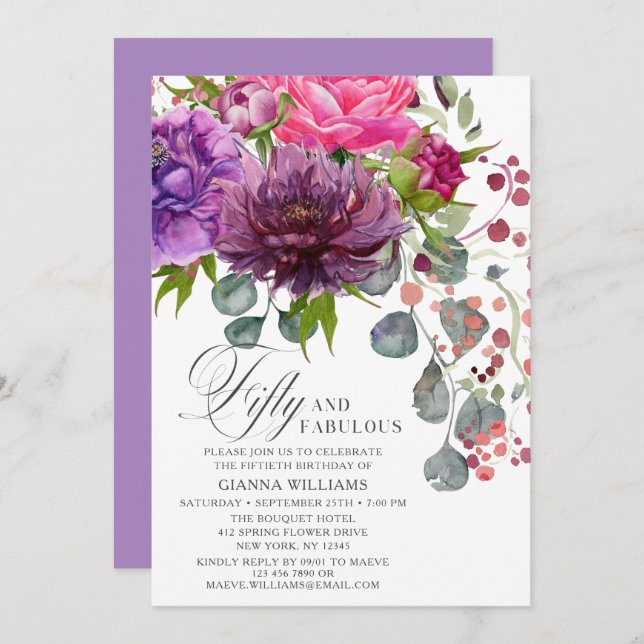 Fifty and Fabulous Elegant Floral 50th Birthday Invitation (Front/Back)