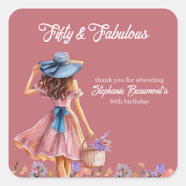 Fifty and Fabulous Elegant Woman's 50th Birthday Square Sticker (Front)