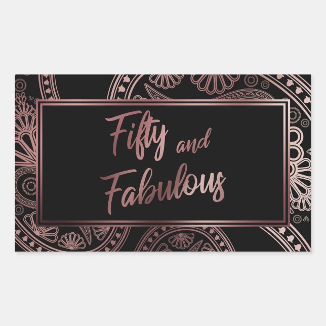 Fifty and Fabulous Faux Rose Gold & Black Paisley Rectangular Sticker (Front)