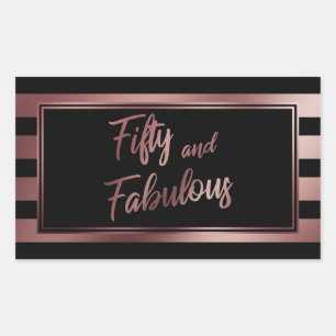 Fifty and Fabulous Faux Rose Gold & Black Stripes Rectangular Sticker