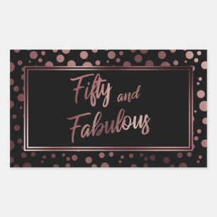 Fifty and Fabulous Faux Rose Gold Circles on Black Rectangular Sticker