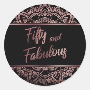 Fifty and Fabulous Faux Rose Gold Mandala on Black Classic Round Sticker