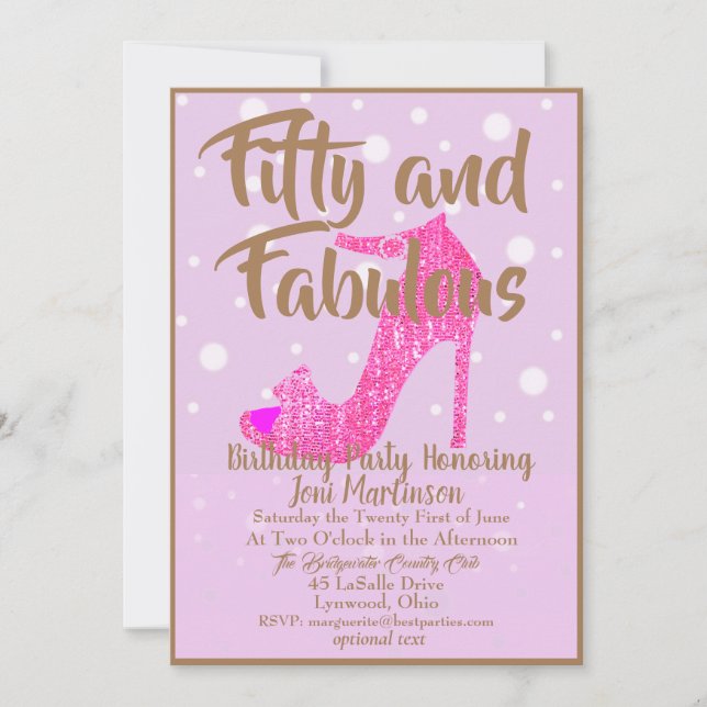 Fifty and Fabulous GirlySparkly Hot Pink Gold Text Invitation (Front)