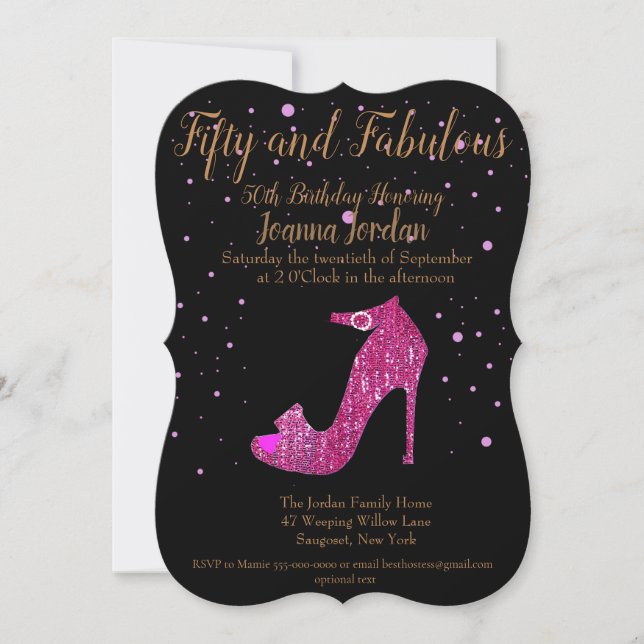 Fifty and Fabulous GirlySparkly Hot Pink Shoe Text Invitation (Front)