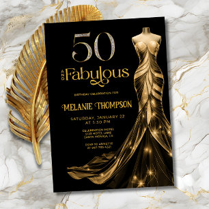 Fifty and Fabulous Gold Dress Black 50th Birthday Invitation