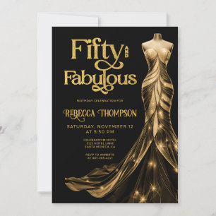 Fifty and Fabulous Gold Dress Black 50th Birthday Invitation