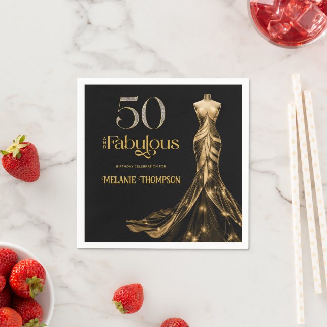 Fifty and Fabulous Gold Dress Black 50th Birthday Napkin (Insitu)
