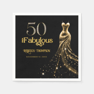 Fifty and Fabulous Gold Dress Black 50th Birthday Napkin