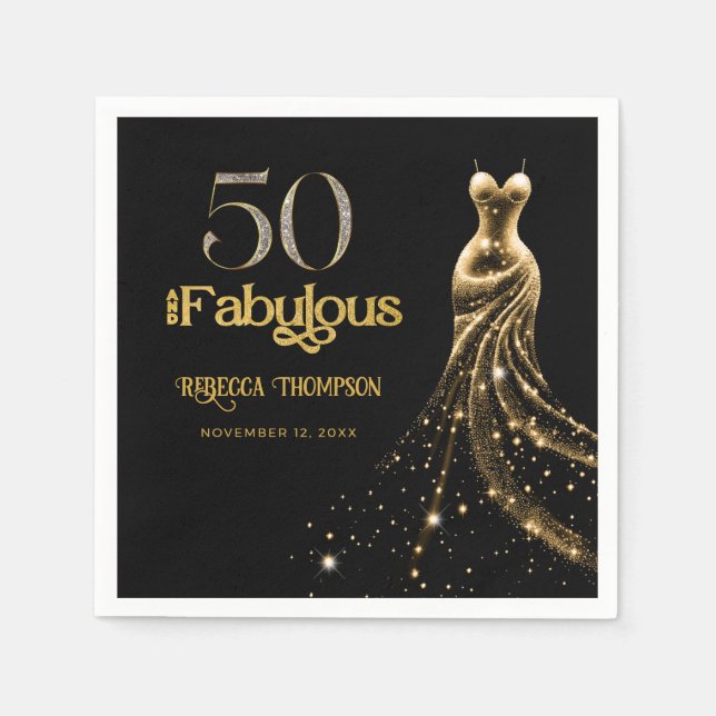 Fifty and Fabulous Gold Dress Black 50th Birthday Napkin (Front)