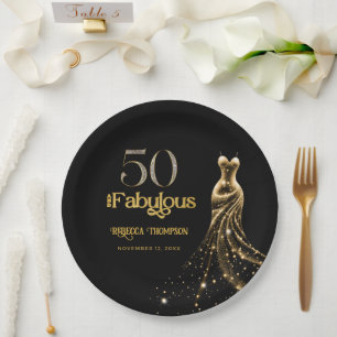 Fifty and Fabulous Gold Dress Black 50th Birthday Paper Plate