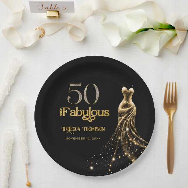 Fifty and Fabulous Gold Dress Black 50th Birthday Paper Plate (Wedding)