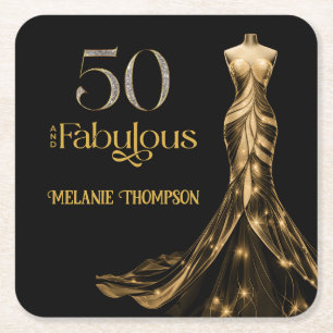 Fifty and Fabulous Gold Dress Black 50th Birthday Square Paper Coaster