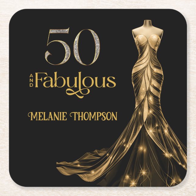 Fifty and Fabulous Gold Dress Black 50th Birthday Square Paper Coaster (Front)